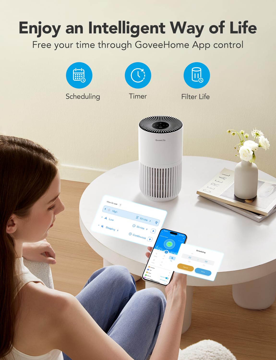 GoveeLife mini air purifier control panel demonstrates app and Alexa compatibility.