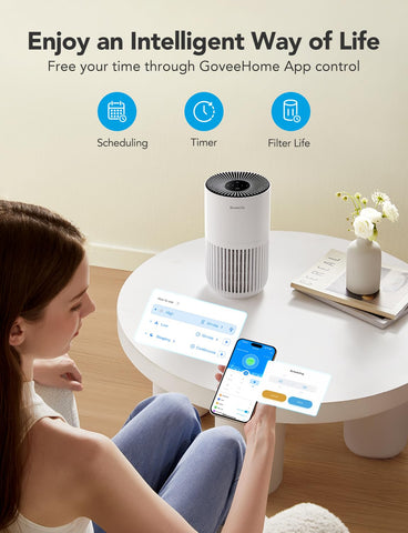 GoveeLife mini air purifier control panel demonstrates app and Alexa compatibility.