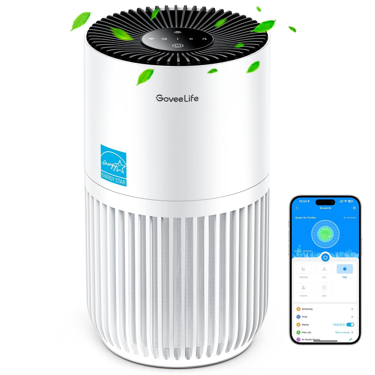 GoveeLife mini air purifier front view shows compact design for small bedrooms.