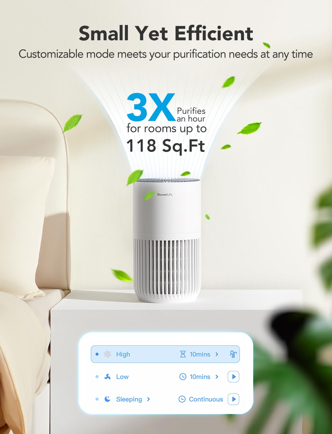 GoveeLife mini air purifier sleep mode delivers quiet nights for rest.