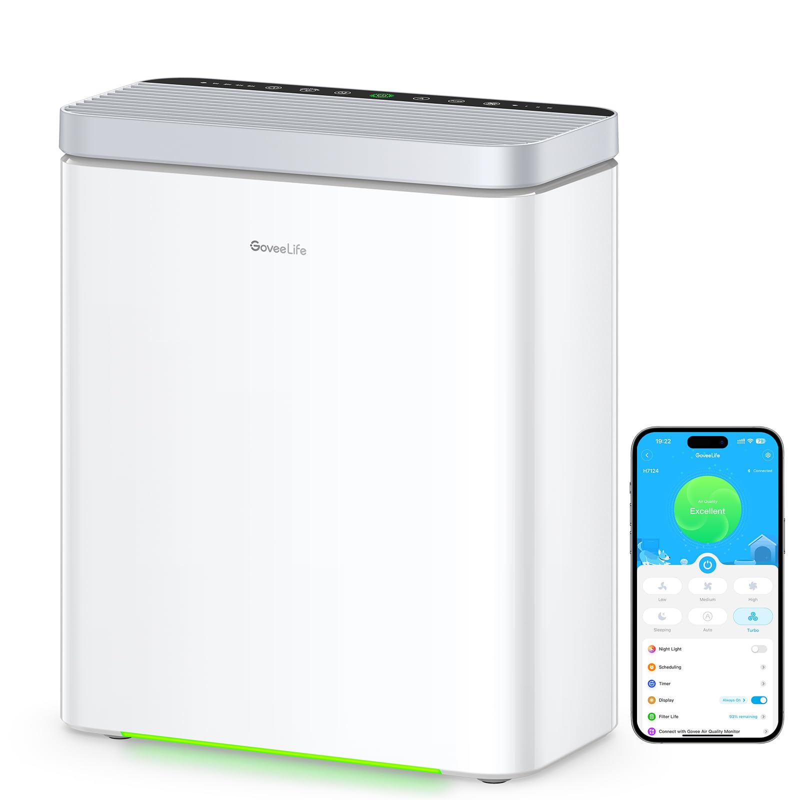 GoveeLife Smart Air Purifier in a large room with front view for wide-area air cleaning.