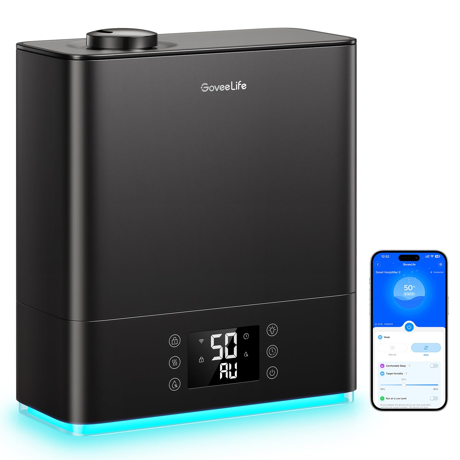 GoveeLife humidifier front view with 6L top-fill tank for easy, extended use.