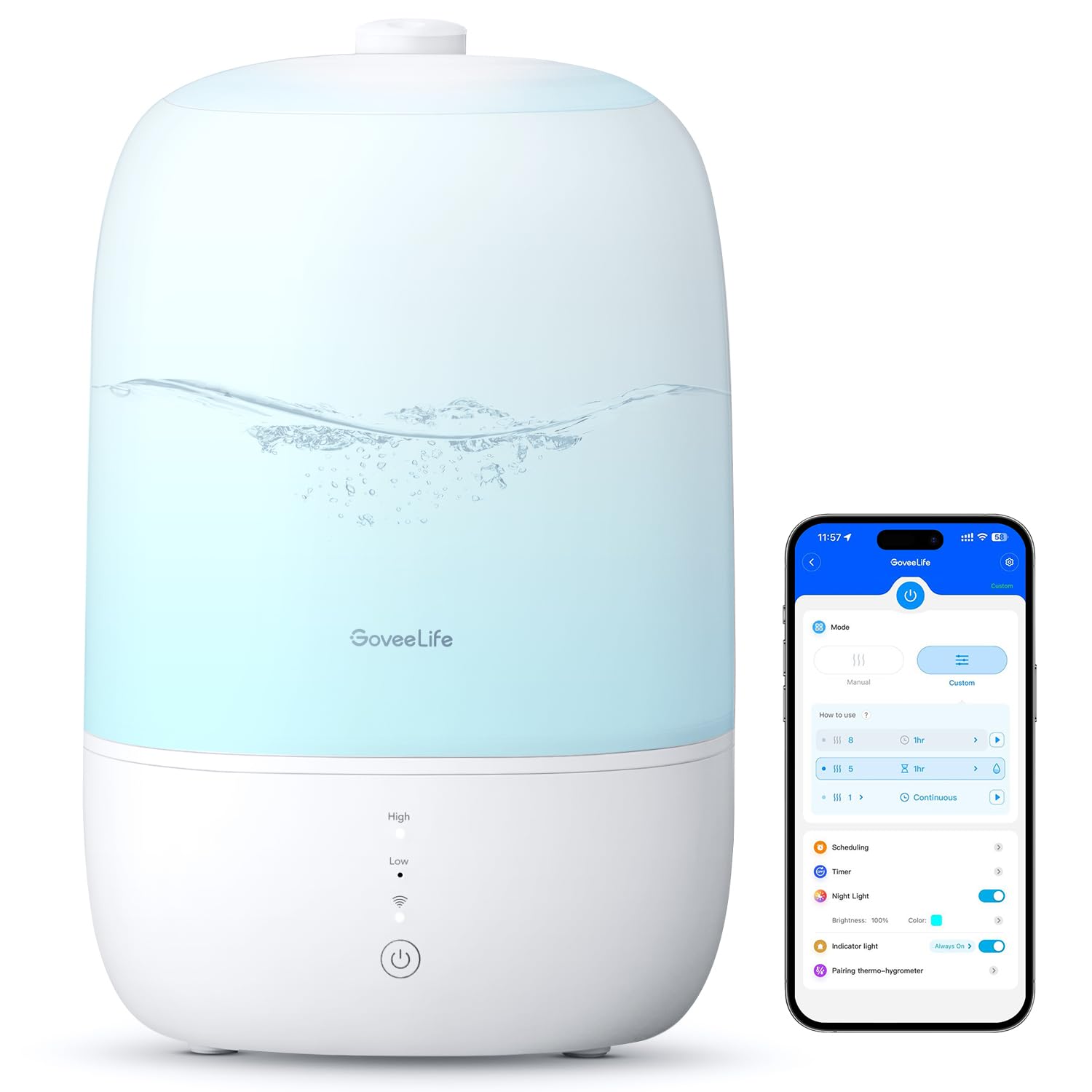 GoveeLife smart humidifier in a bedroom with top-fill design for easy refills