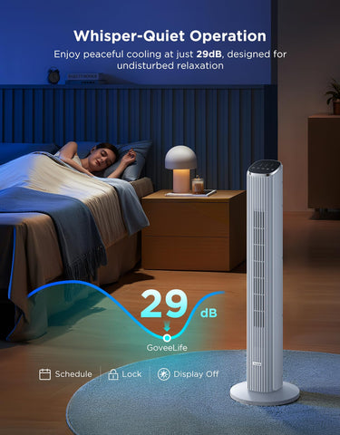 GoveeLife white tower fan close-up showing 5 modes and 8 speeds for flexible cooling.