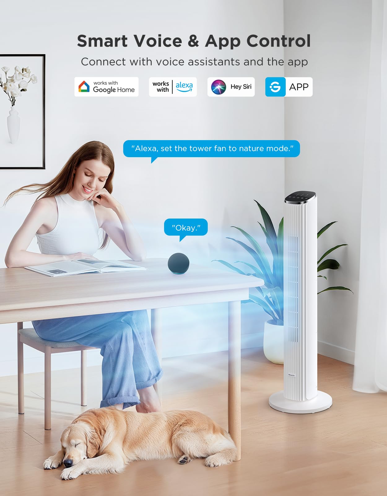 GoveeLife white tower fan app-control scene showing convenient remote cooling.