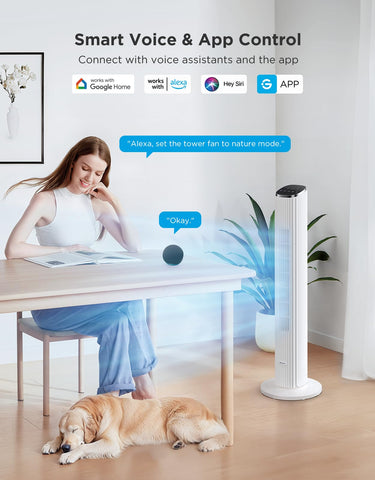 GoveeLife white tower fan app-control scene showing convenient remote cooling.