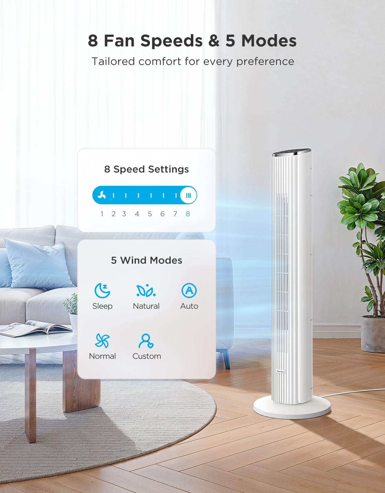 GoveeLife white tower fan in a quiet room emphasizing silent operation.