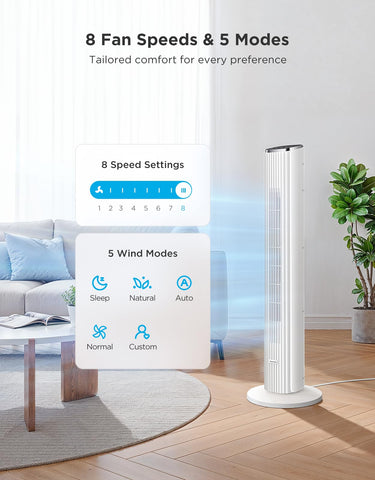 GoveeLife white tower fan in a quiet room emphasizing silent operation.