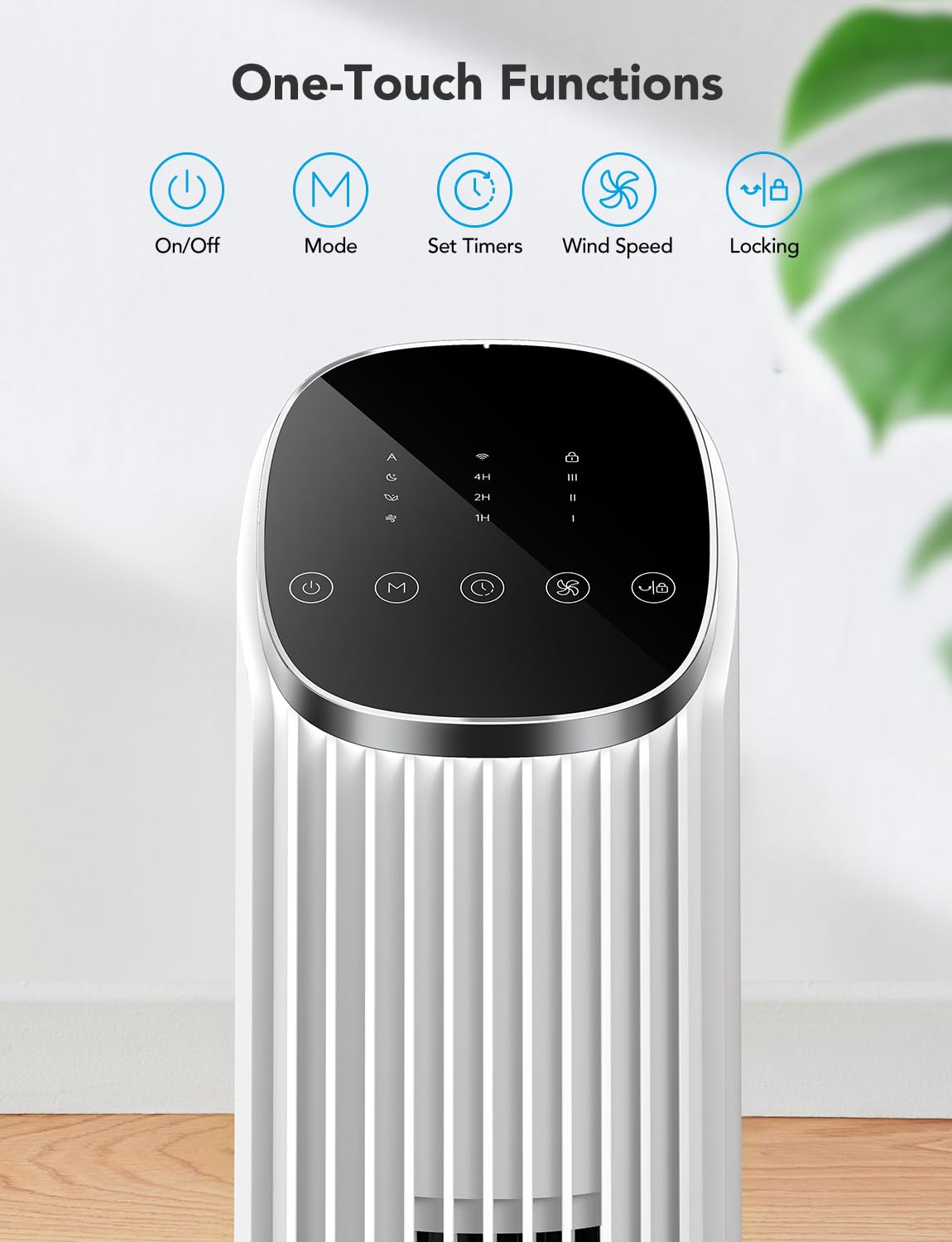 GoveeLife white tower fan demonstrates air reach up to 32ft for whole-room cooling.