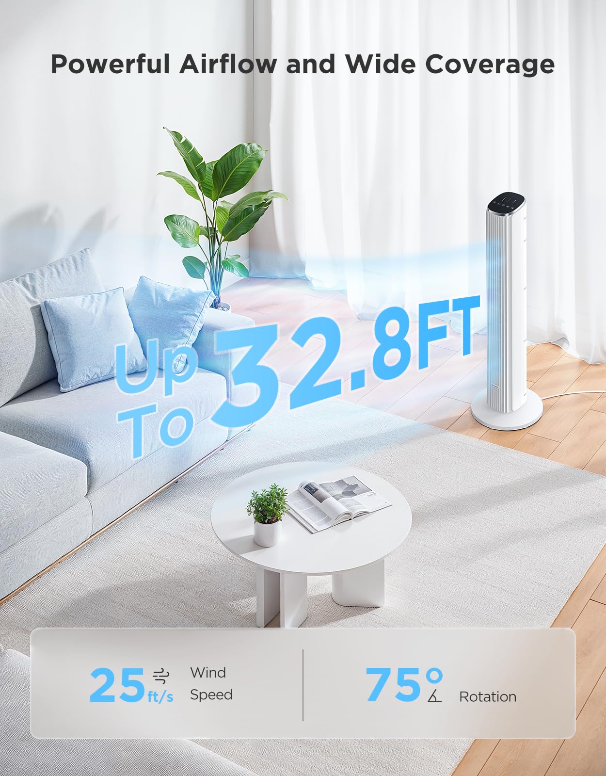 GoveeLife white tower fan with temperature-sensor supports smart room comfort.