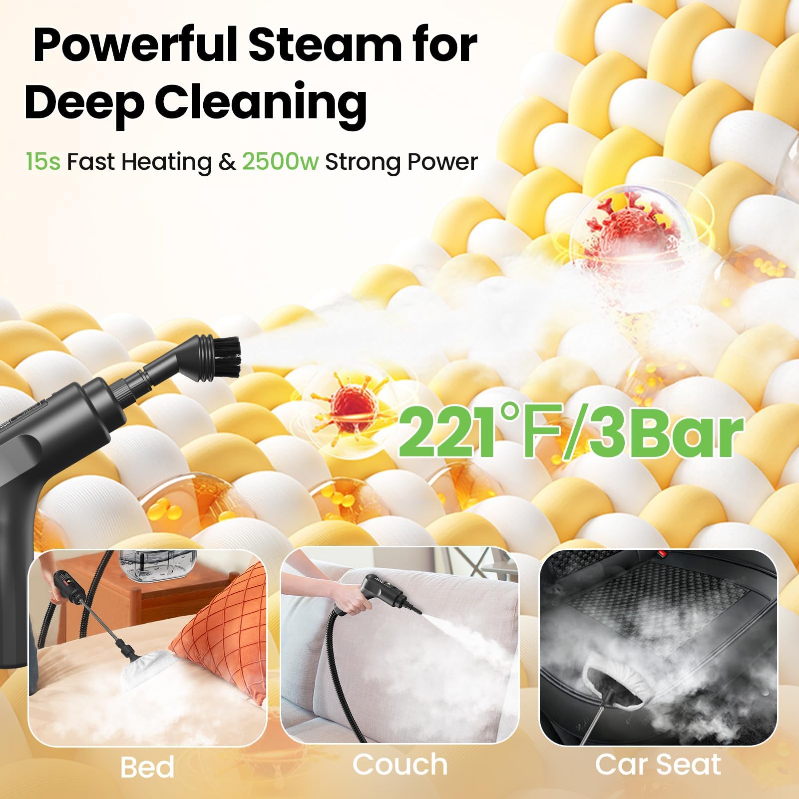 Goyappin steam cleaner with three levels for delicate to heavy-duty tasks.