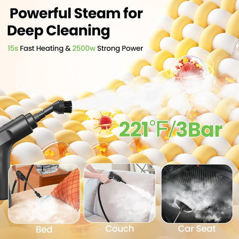 Goyappin steam cleaner with three levels for delicate to heavy-duty tasks.