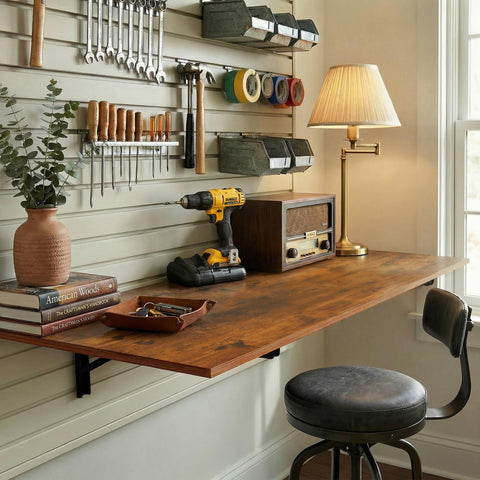Goylser wall-mounted folding table in kitchen for meal prep.