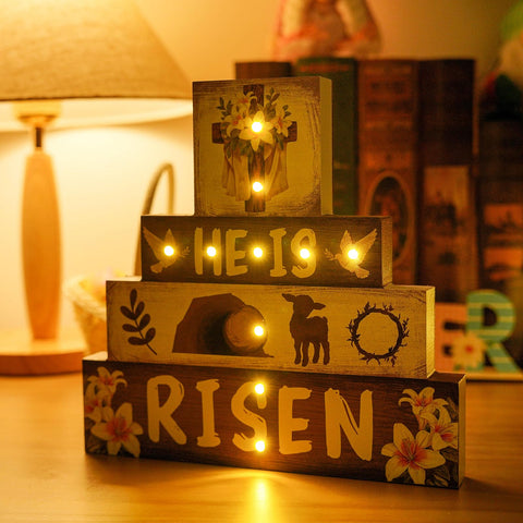 GPGHE He Is Risen sign with warm light enhances office ambiance