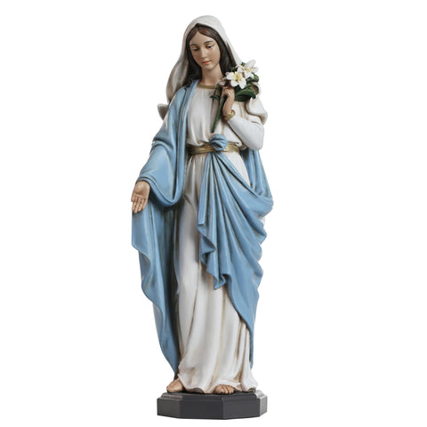 Grace4Joy Blessed Mother Mary statue front view with lilies for serene home prayer corner