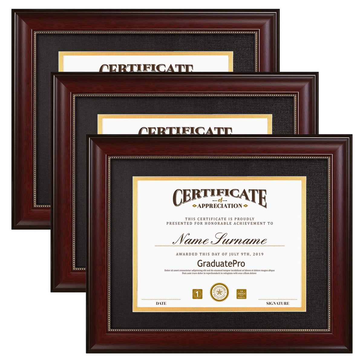 GraduatePro 8.5x11 diploma frame with black over gold mat, polished display