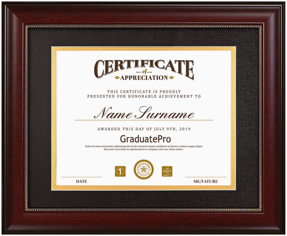 GraduatePro frame showing 8.5x11 diploma with black over gold mat.