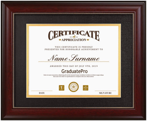 GraduatePro frame showing 8.5x11 diploma with black over gold mat.