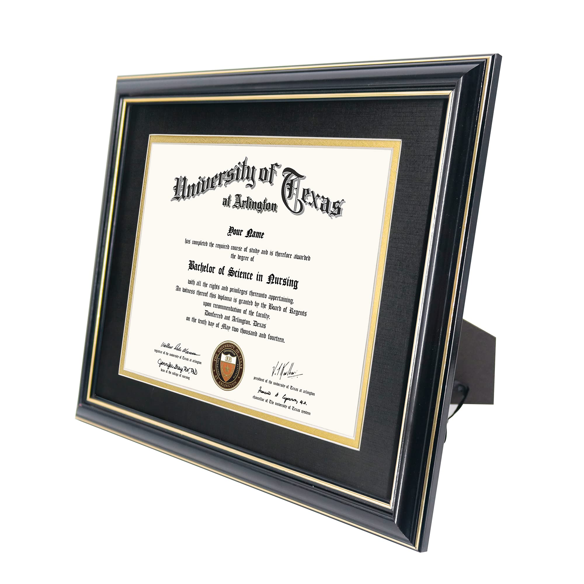GraduationMall frame for 11x14 certificates with glossy black finish highlights a formal display.