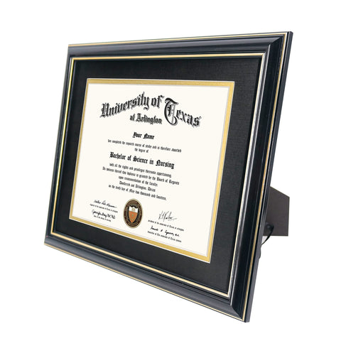 GraduationMall frame for 11x14 certificates with glossy black finish highlights a formal display.