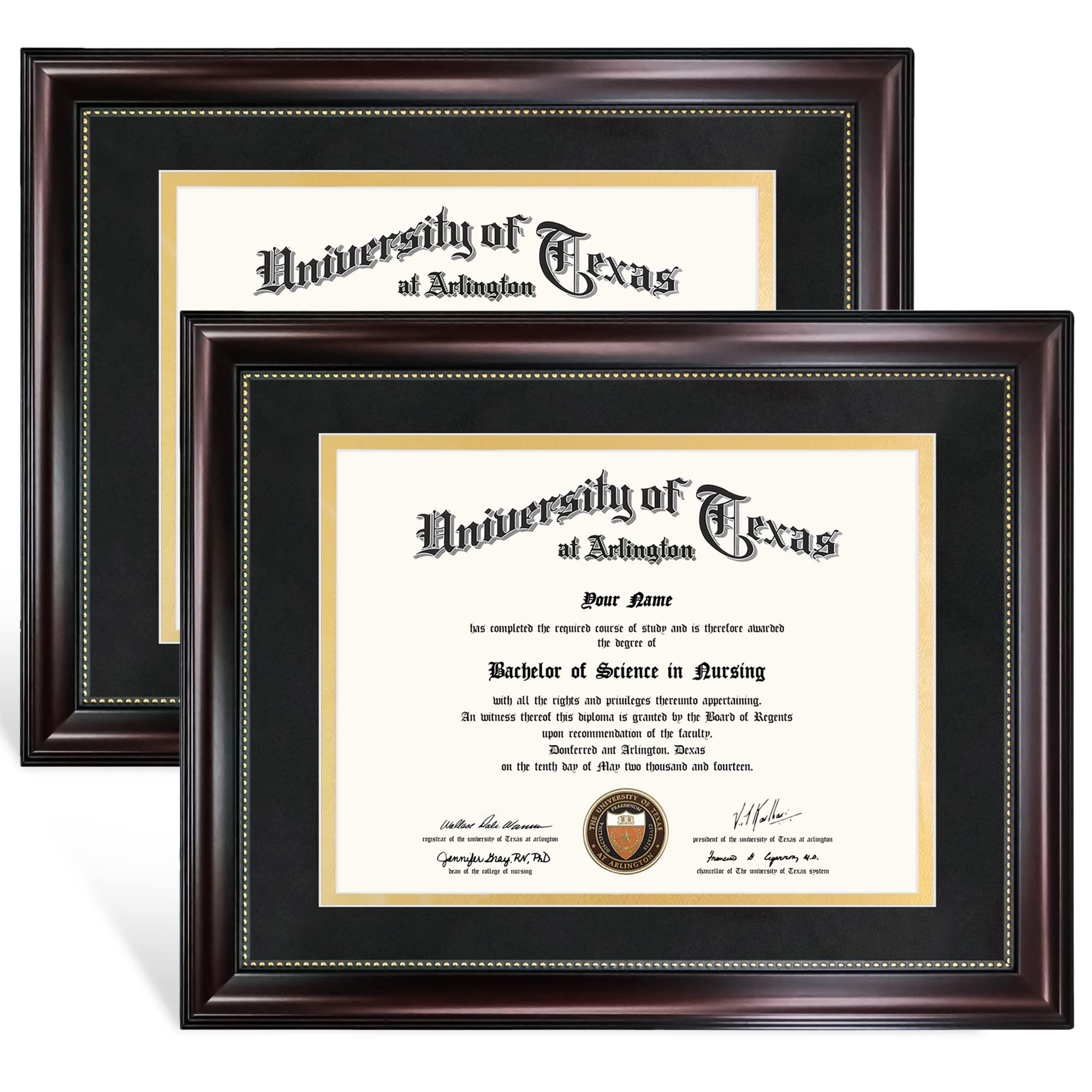 GraduationMall 8.5x11 frame with black over gold mat highlights certificates.