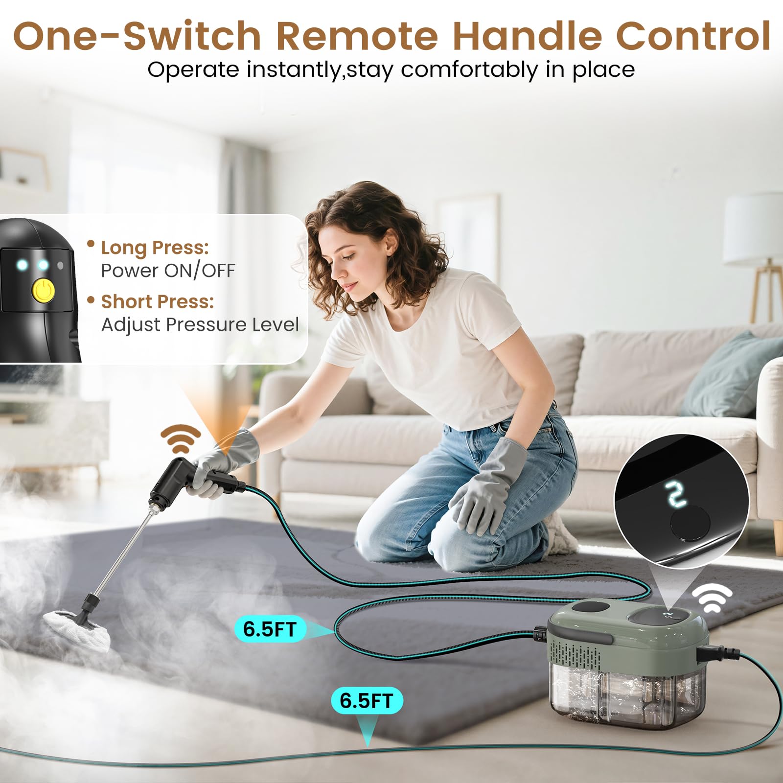 Granarbol 2500W steam cleaner tank 1.4L shows large capacity for long sessions.