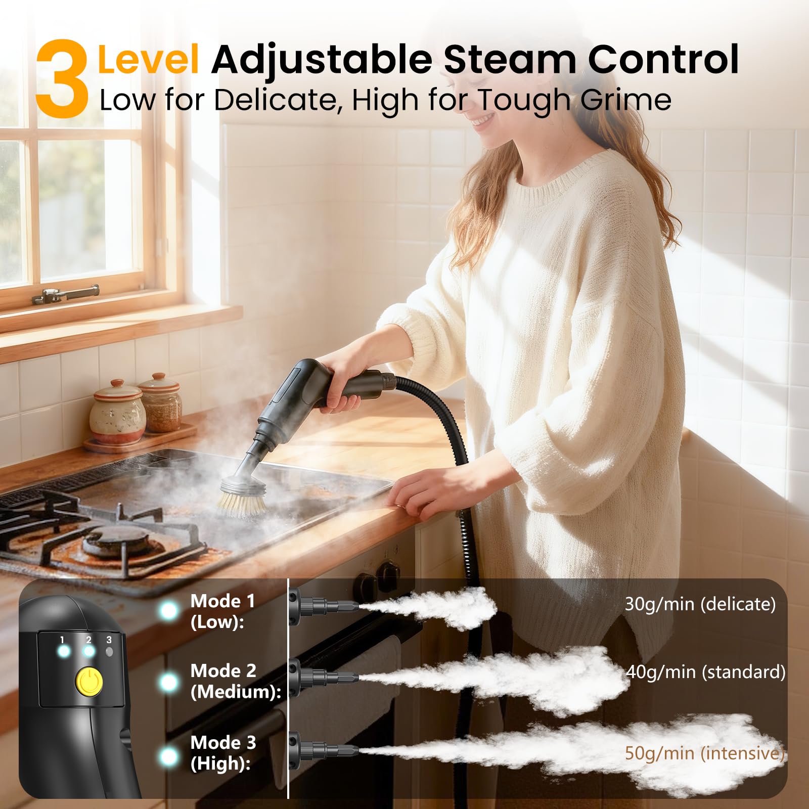 Granarbol steam cleaner with 3-level control for versatile tasks.