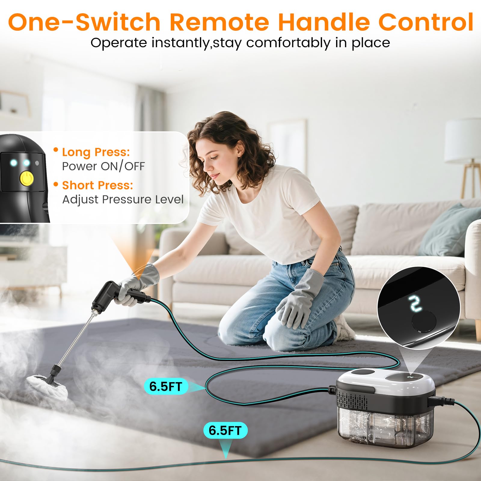 Granarbol pressurized steam cleaner 3-level steam control for tailored cleaning on demand.