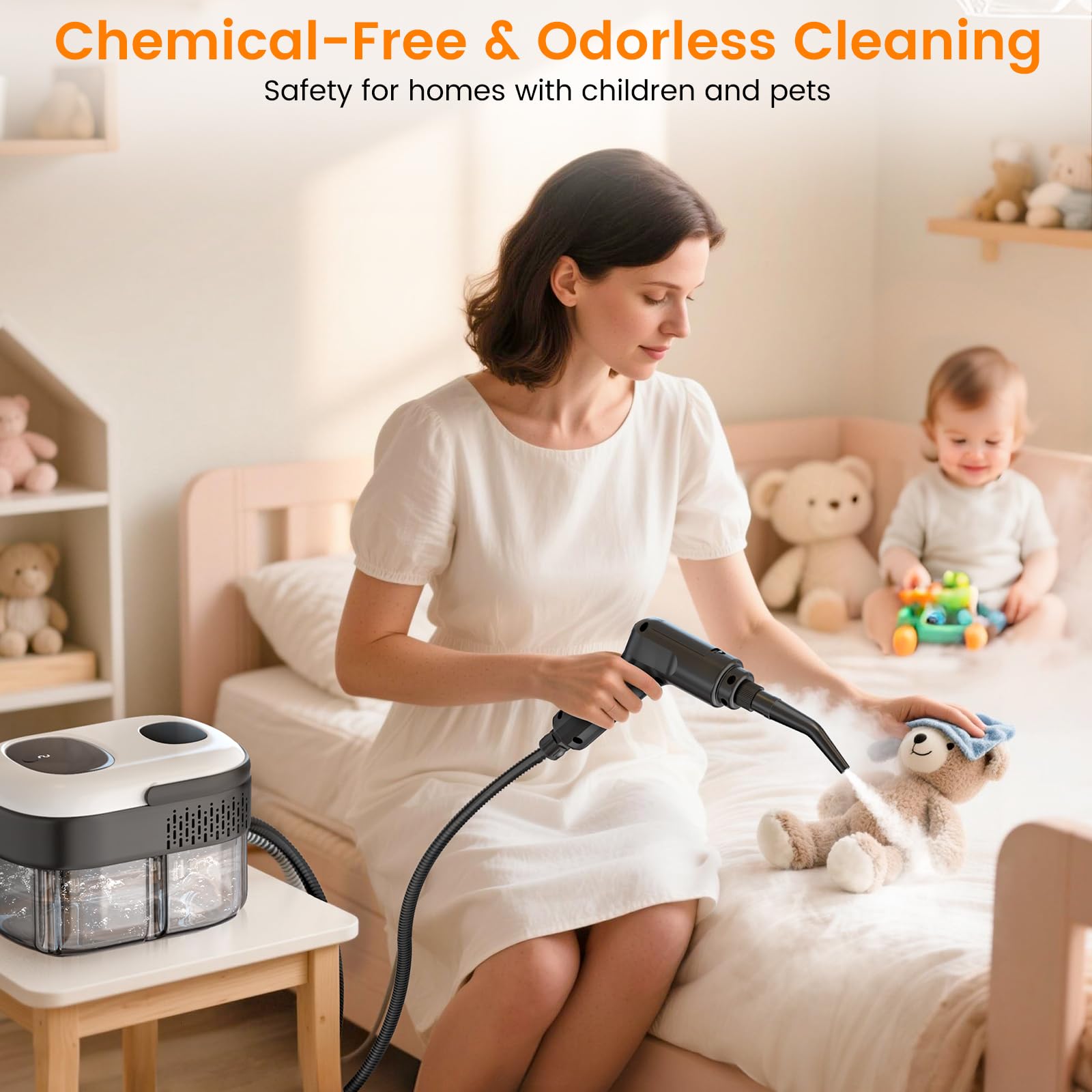 Granarbol pressurized steam cleaner long cord and hose reach for whole-house cleaning.