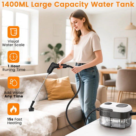Granarbol pressurized steam cleaner tank capacity highlights extended cleaning with a large water tank.