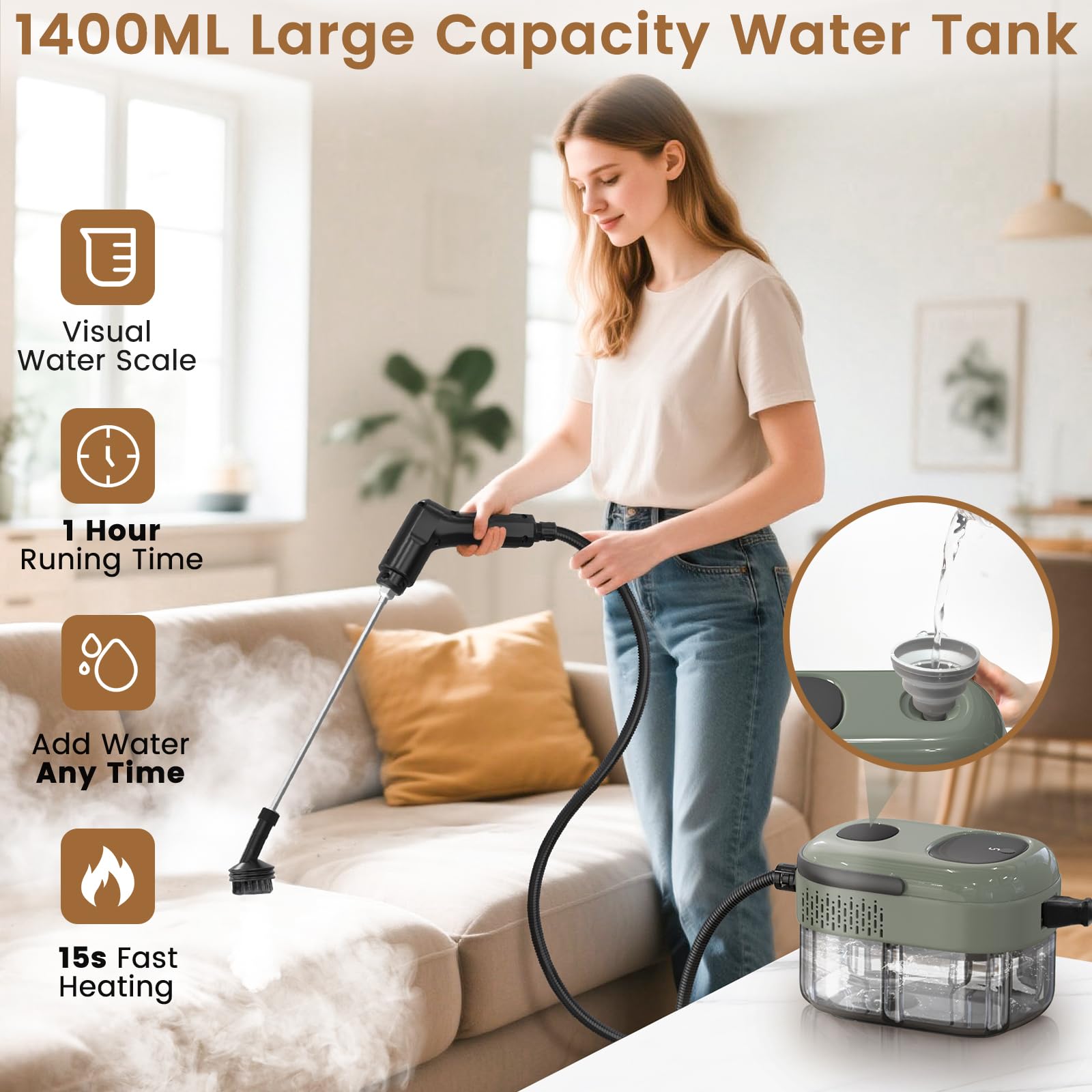 Granarbol steam cleaner three-level control highlights adjustable power for delicate to tough jobs.