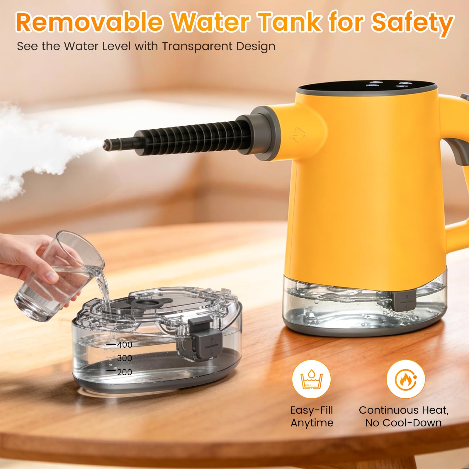 Granarbol steam cleaner releasing steam to lift grime on surfaces