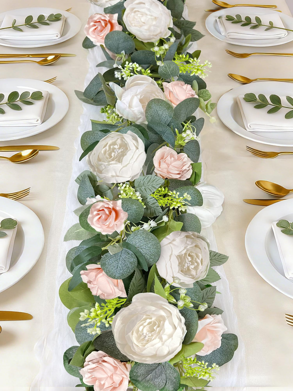 Grandeal 2-pack eucalyptus garland with white peonies and pink roses for lush wedding decor.