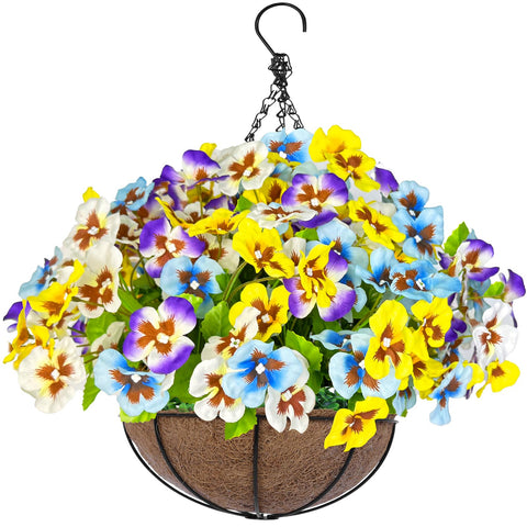 Grandeal artificial hanging flowers with pansies in a basket for outdoor decor and low maintenance.