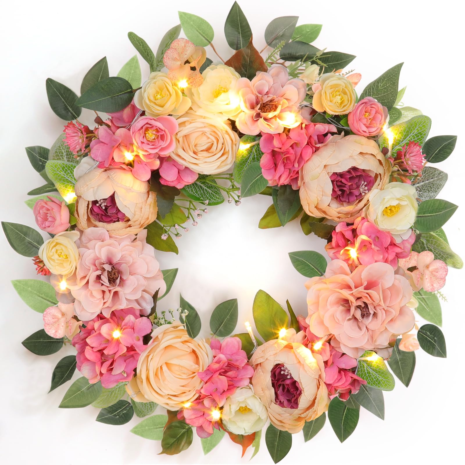 Grandeal lighted 22in peony wreath for front door with warm glow