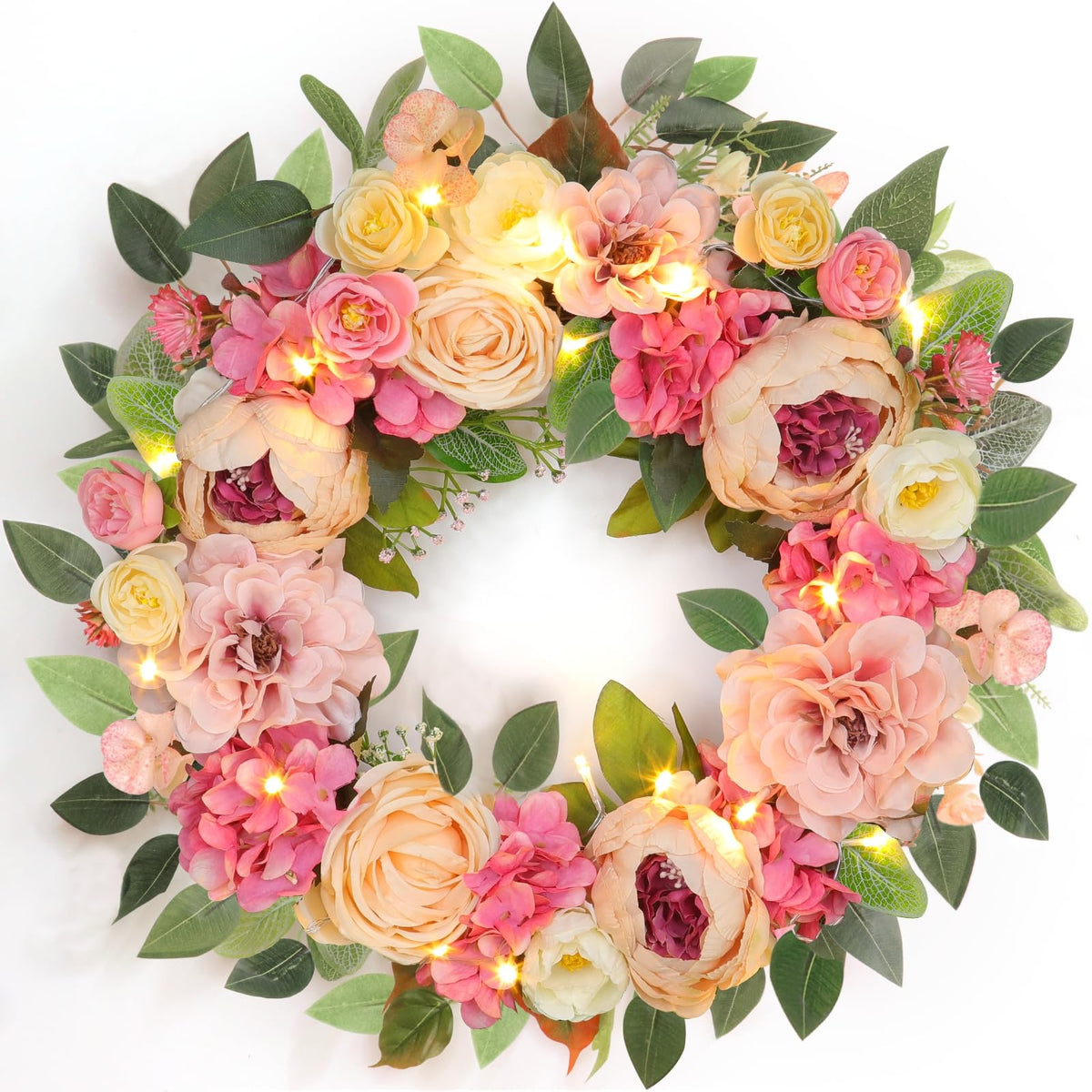 Grandeal lighted 22in peony wreath for front door with warm glow