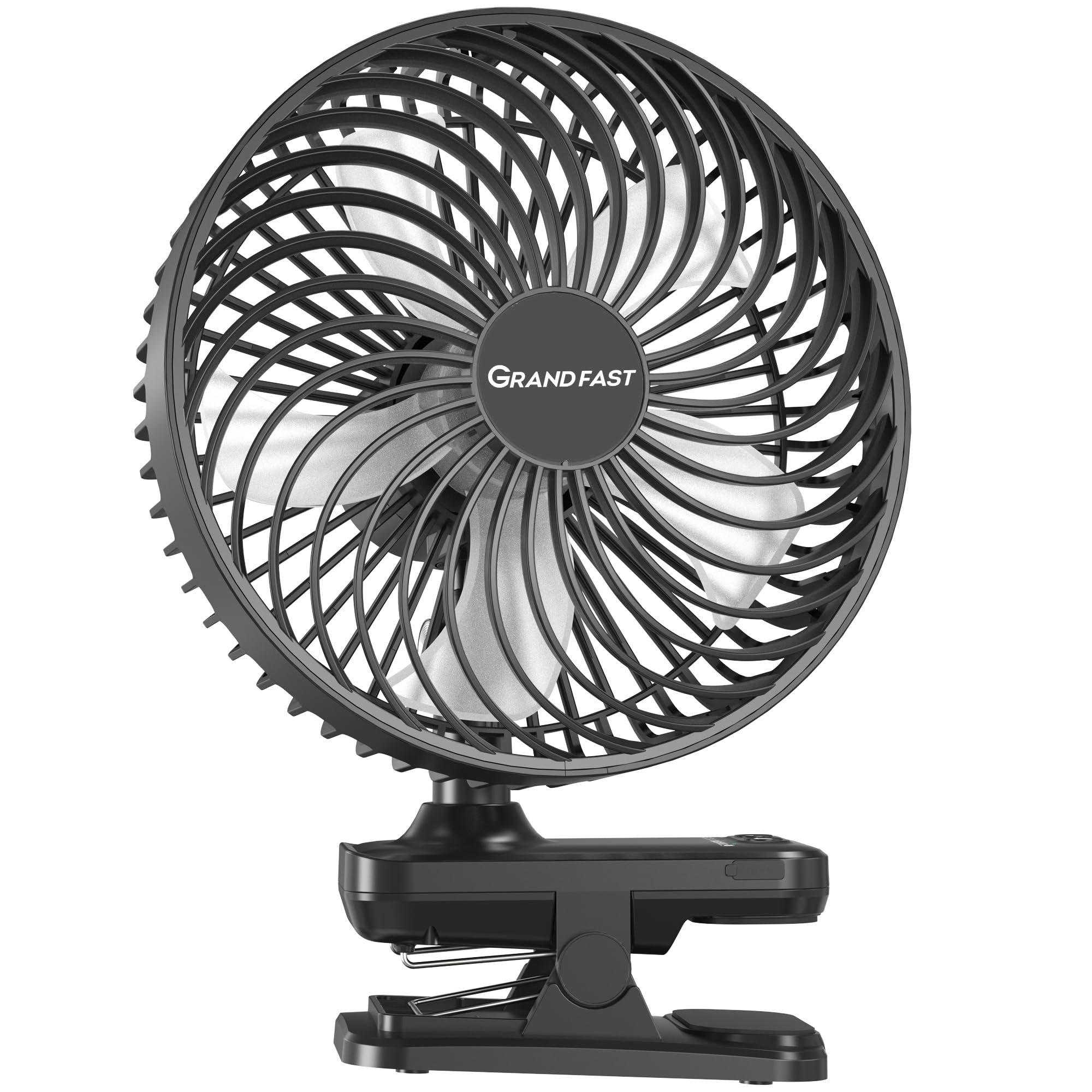 Grandfast 10000mAh clip-on fan front view showing portable cooling
