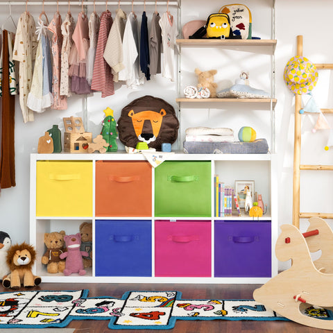 GRANNY SAYS rainbow cube bin stacked on shelf for compact storage