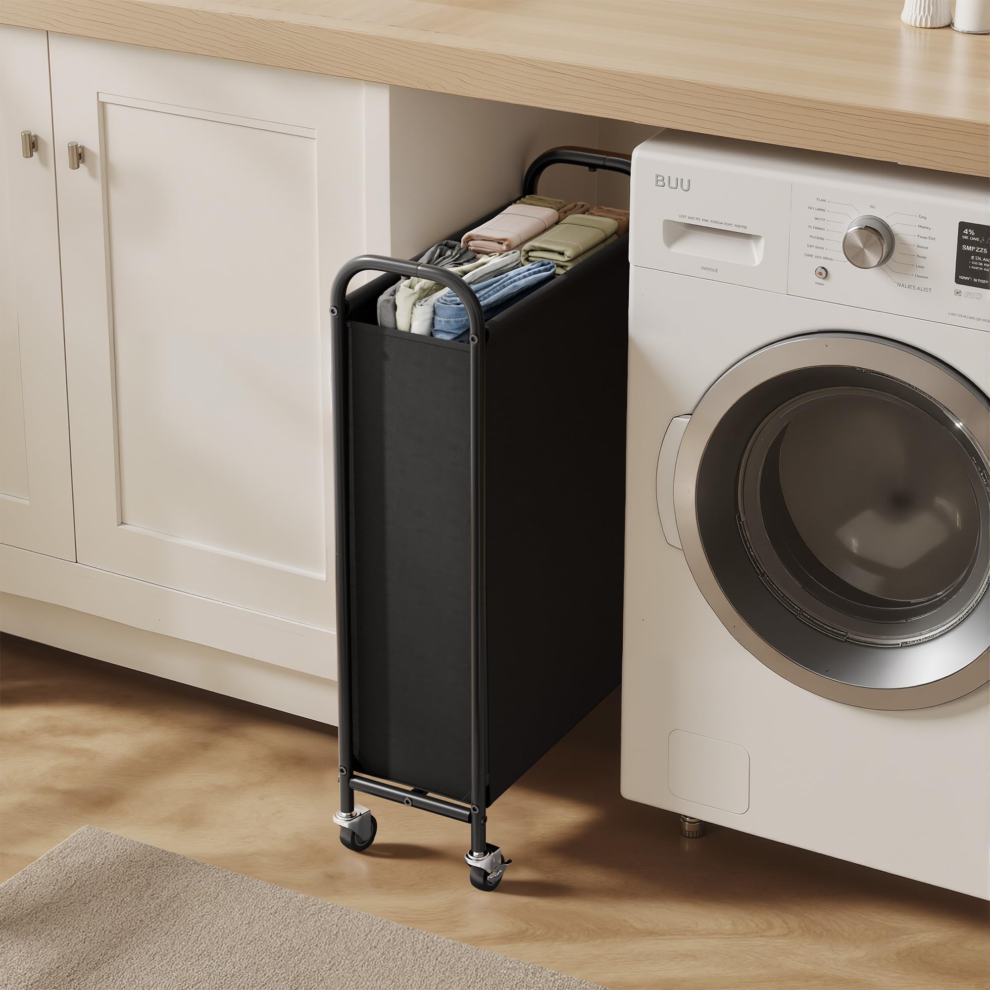 GRANNY SAYS 80L Slim Hamper with brakes stays securely in place.