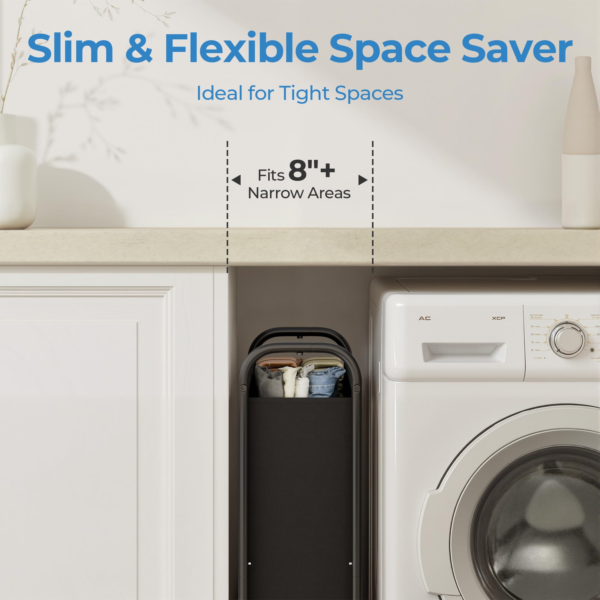 GRANNY SAYS 80L Slim Hamper on wheels enables easy room-to-room laundry.