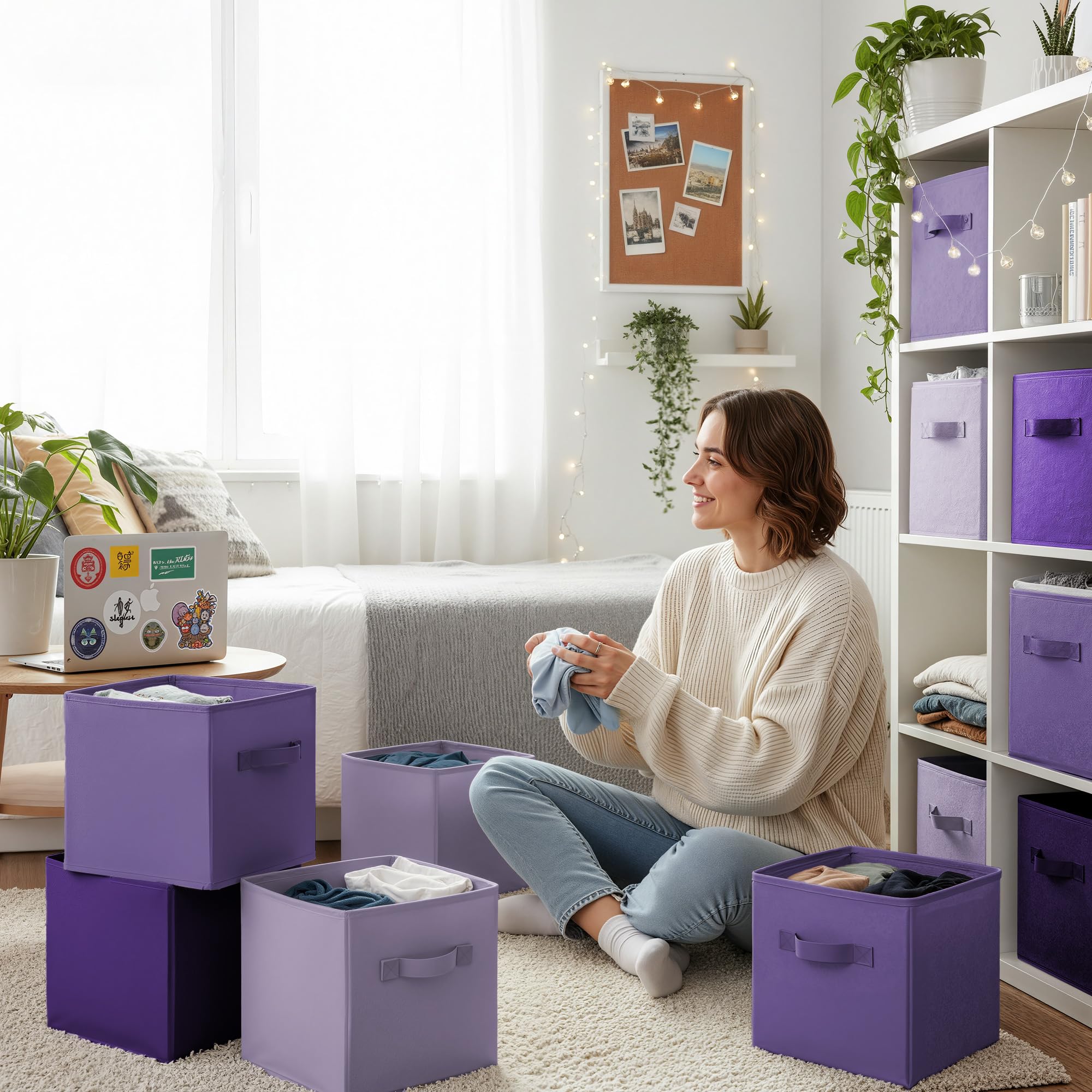 GRANNY SAYS cube storage bin with handles in purple gradient for easy transport of toys and clothes.