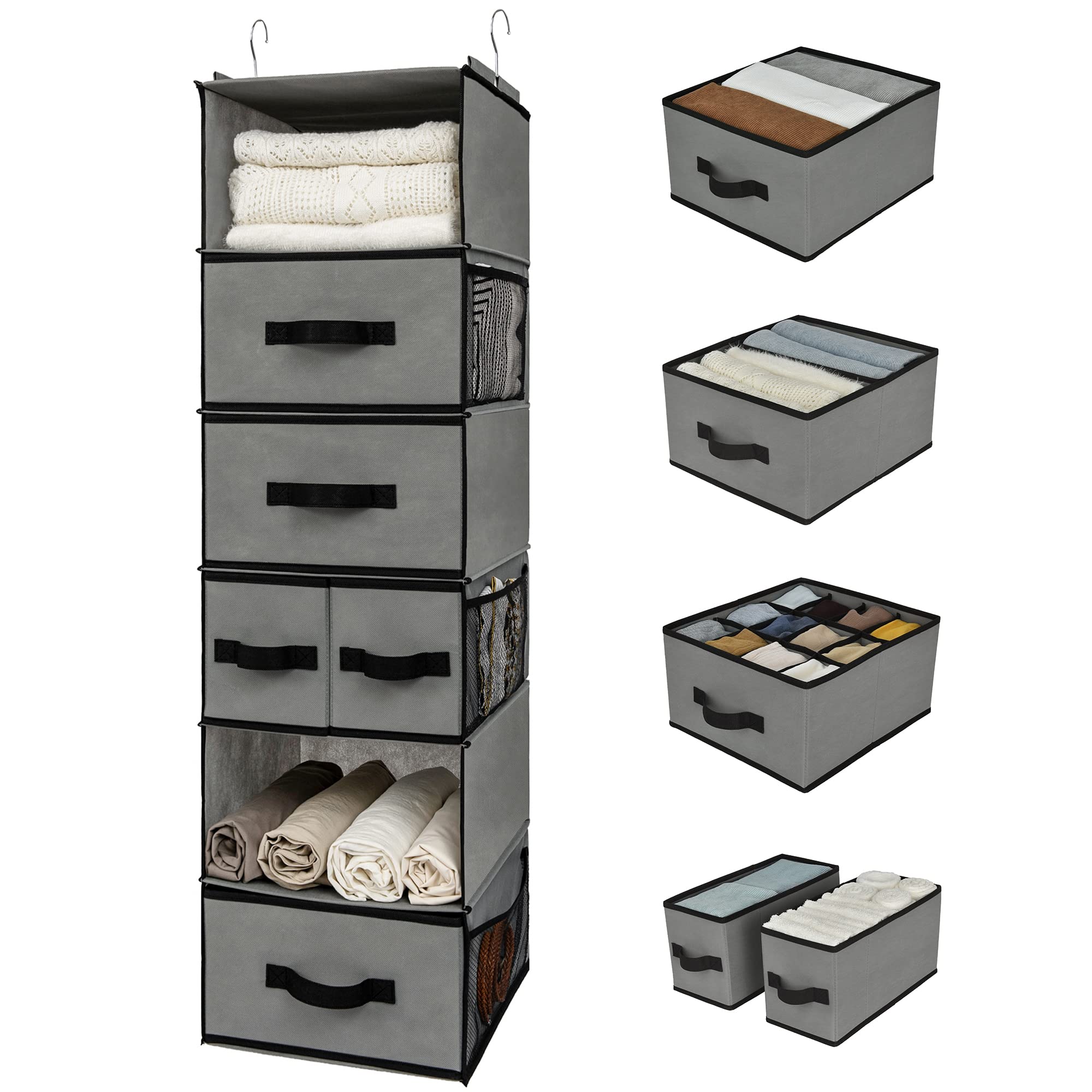 GRANNY SAYS hanging closet organizer with 6 shelves keeps clothes neatly accessible.