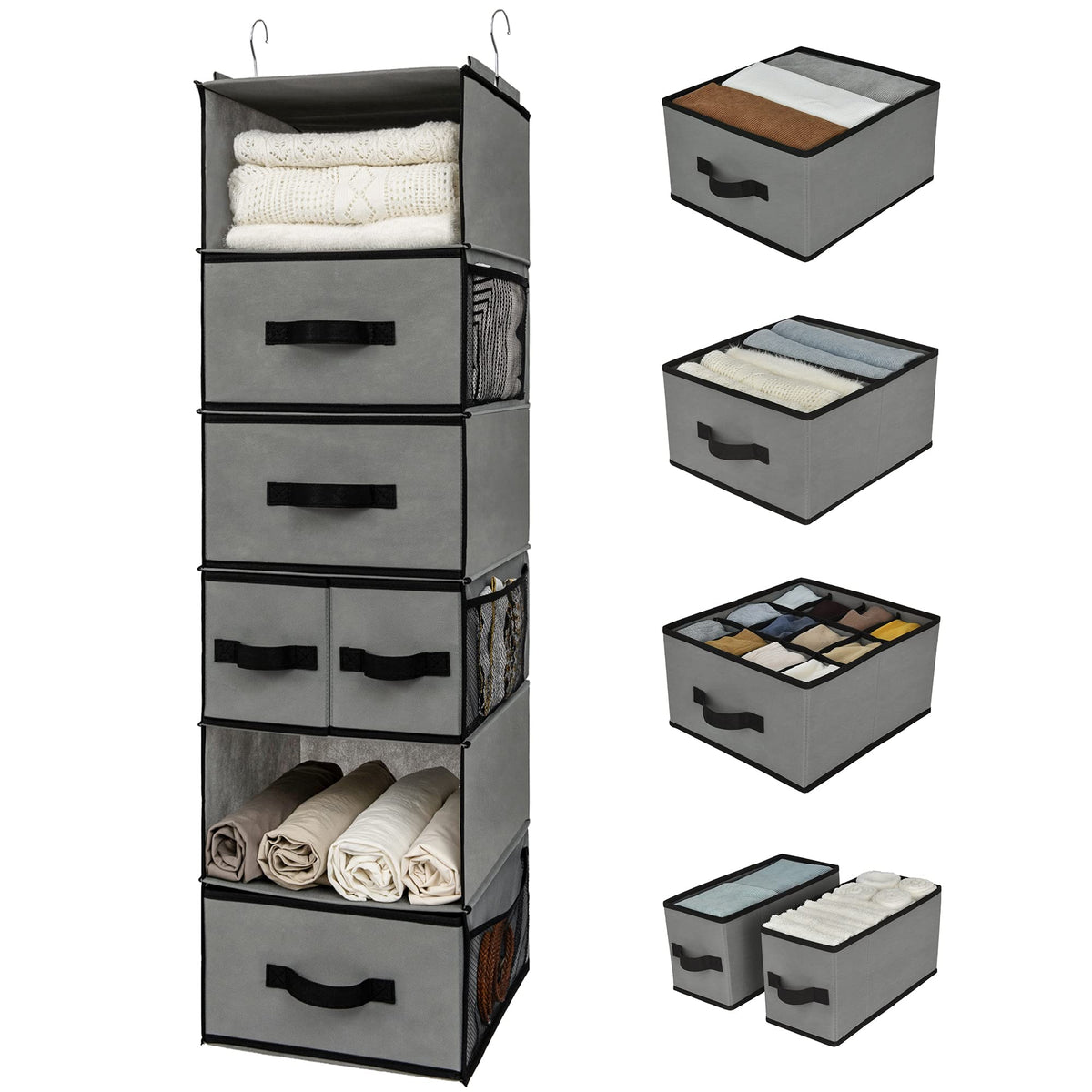 GRANNY SAYS hanging closet organizer with 6 shelves keeps clothes neatly accessible.