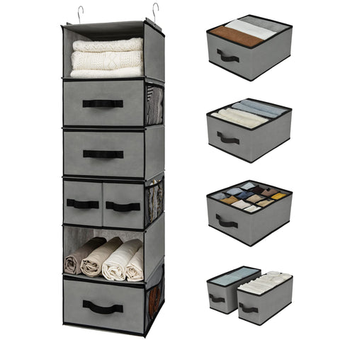 GRANNY SAYS hanging closet organizer with 6 shelves keeps clothes neatly accessible.