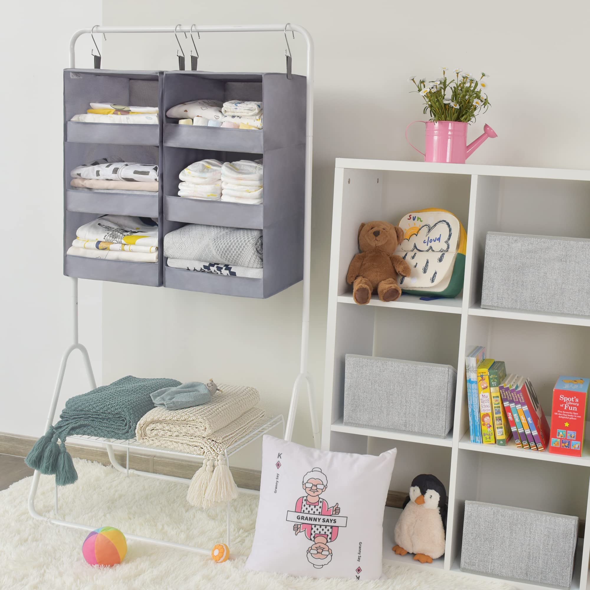 GRANNY SAYS hanging closet shelves with leak-proof front prevent items from falling