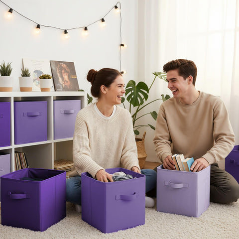 GRANNY SAYS non-woven fabric bin in purple gradient breathes well under daily use.