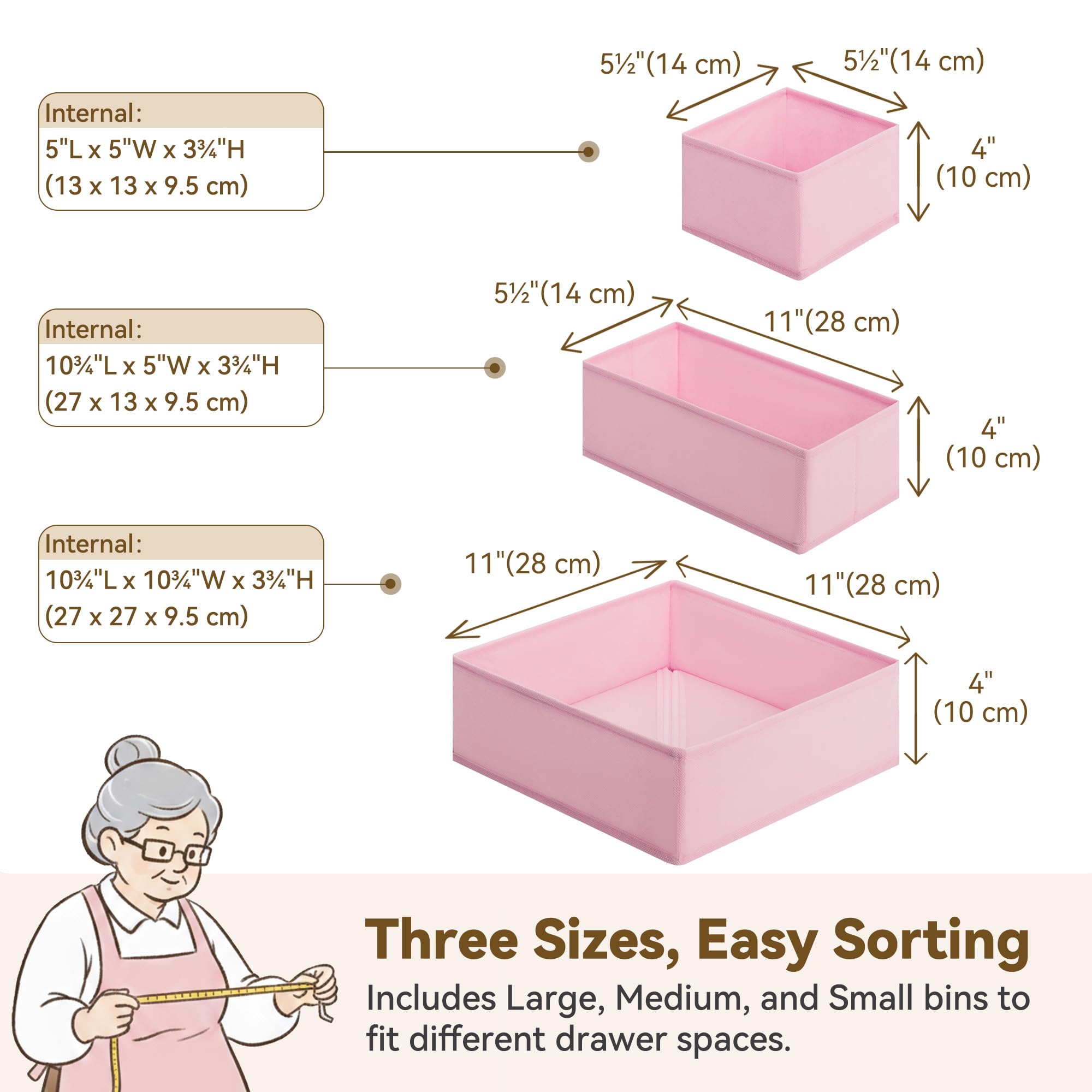 GRANNY SAYS nursery dresser bin in pink shows three sizes for versatile sorting.