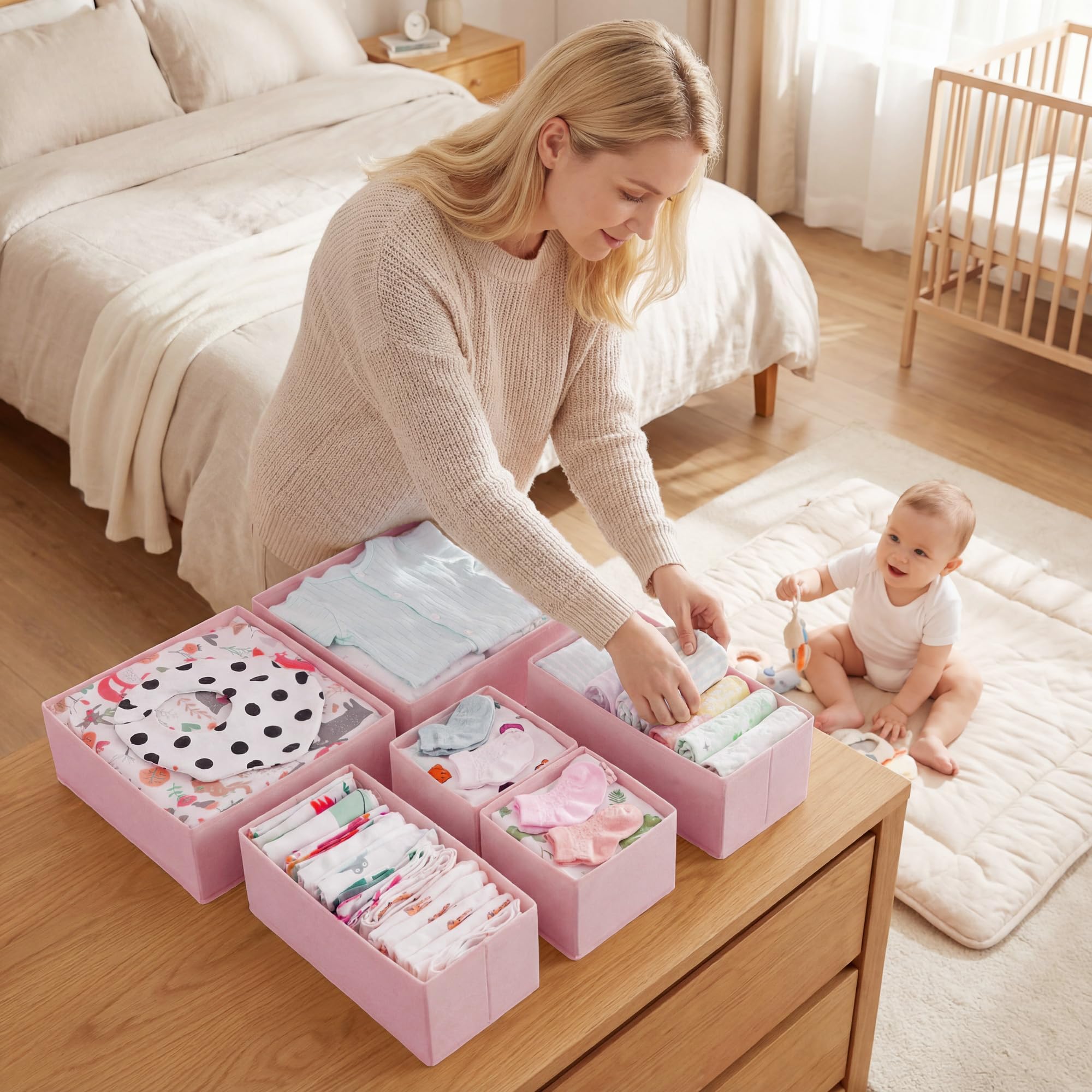 GRANNY SAYS pink storage bins keep clothes accessible for busy mornings.