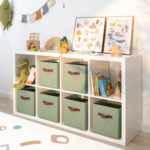 GRANNY SAYS sage green bin with front handle, easy pull from a shelf.