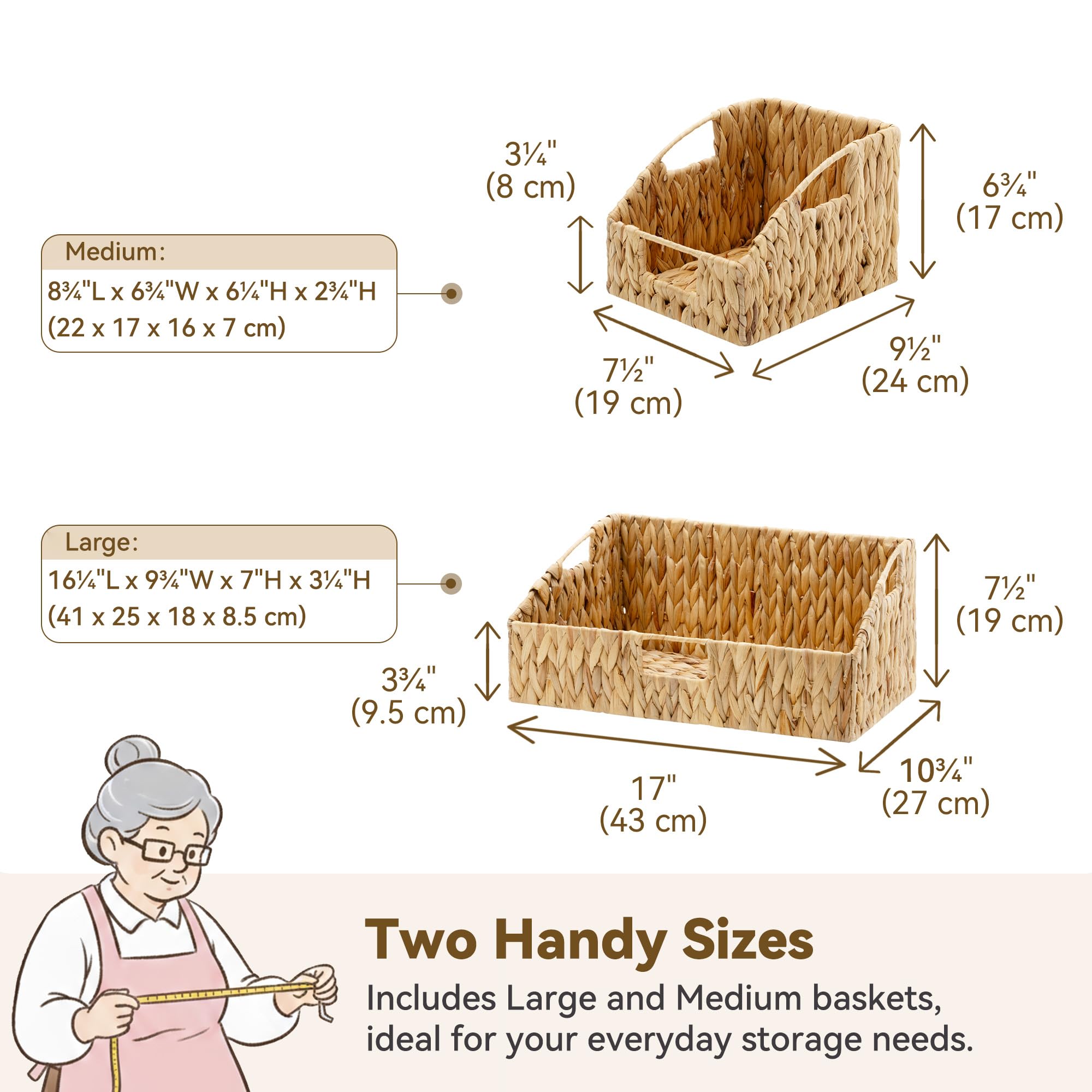 GRANNY SAYS trapezoid woven basket highlighting space-saving design for shelves.